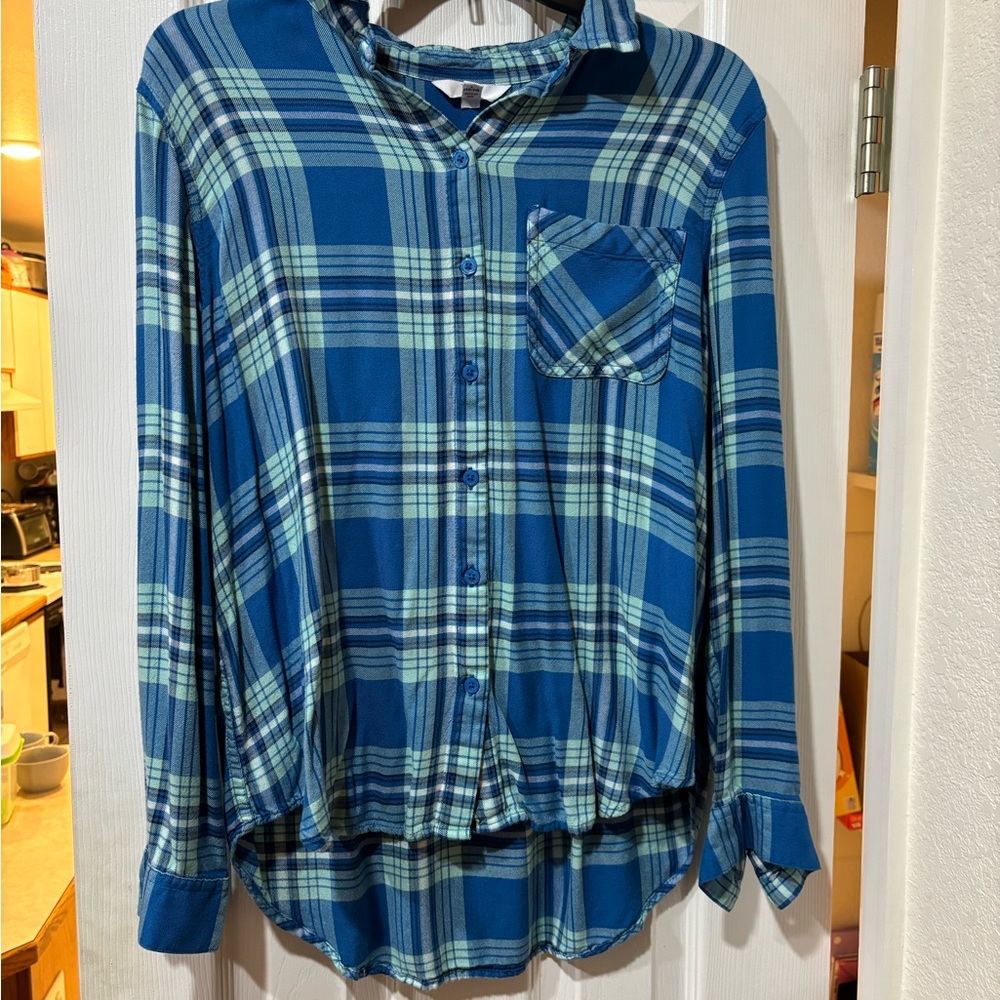 Blue and Green Plaid Button-Up Shirt